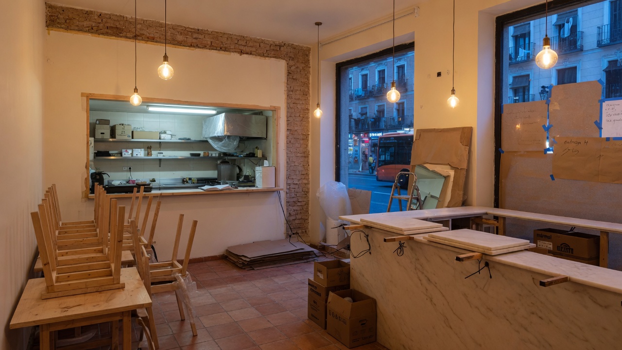 Restaurante en Chamberí a punto de abrir: barra de mármol, cocina y sillas apiladas